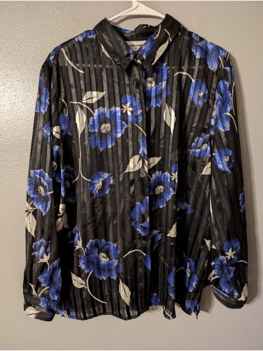 Alfred Dunner Vintage 90s Blue Floral Sheer Stripe Button Up Blouse Top Size 18 - Picture 2 of 6